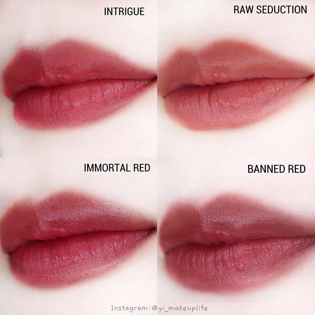 四款NARS口红推荐色号:Banned Red/Intrigue/Raw seduction/Immortal Red